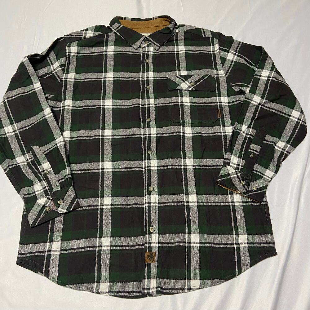 Legendary Whitetails Shirt Plaid Size LG Buck Camp Flannel Green Corduroy Collar